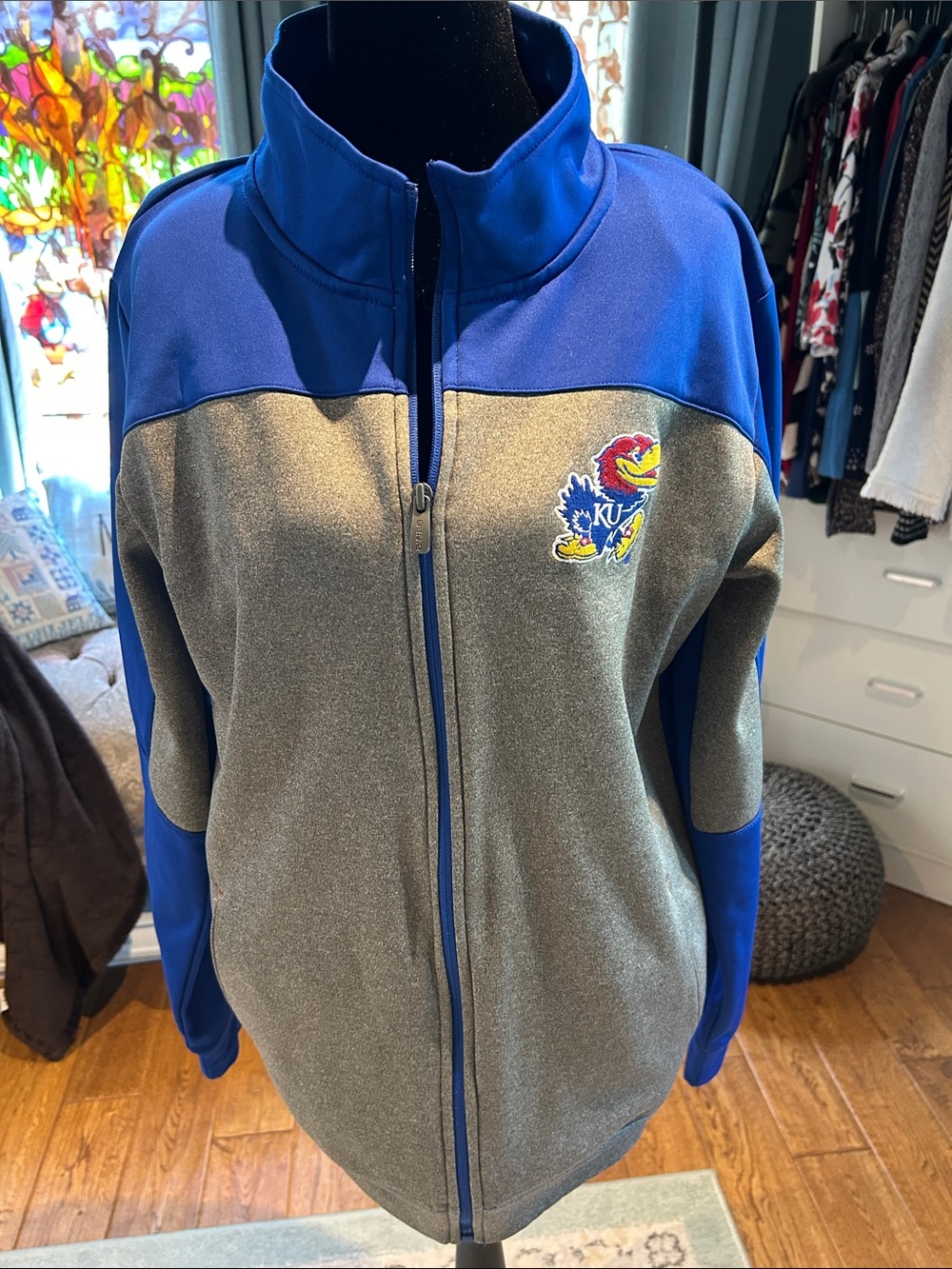 Women's Blue and Gray Bomber Jacket with KU Jayhawk Embroidered Logo